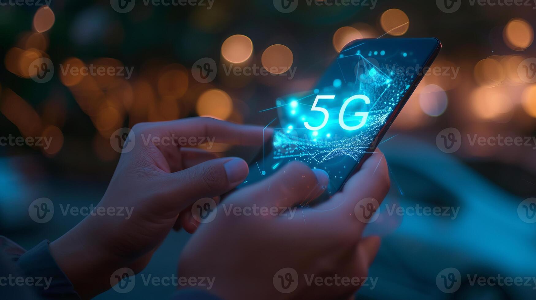 AI generated Interactive holographic 5g text icon shining on mobile phone with copy space, futuristic concept photo