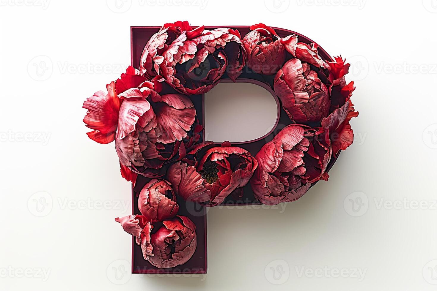 AI generated Intricate 3d peony flower letter  p  on white background, creating a captivating visual. photo