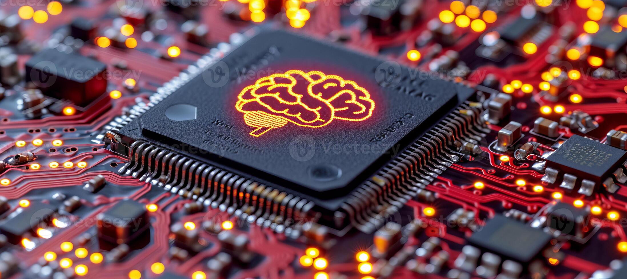 AI generated Shining brain icon on cpu with interactive holographic security elements and copy space for text photo