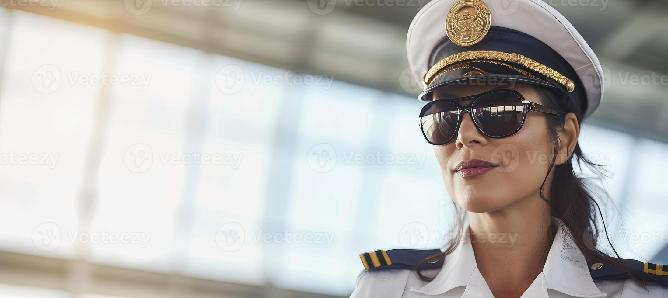 ai generado hembra piloto en Gafas de sol y uniforme, Listo para corporativo aerolínea vuelo a aeropuerto foto