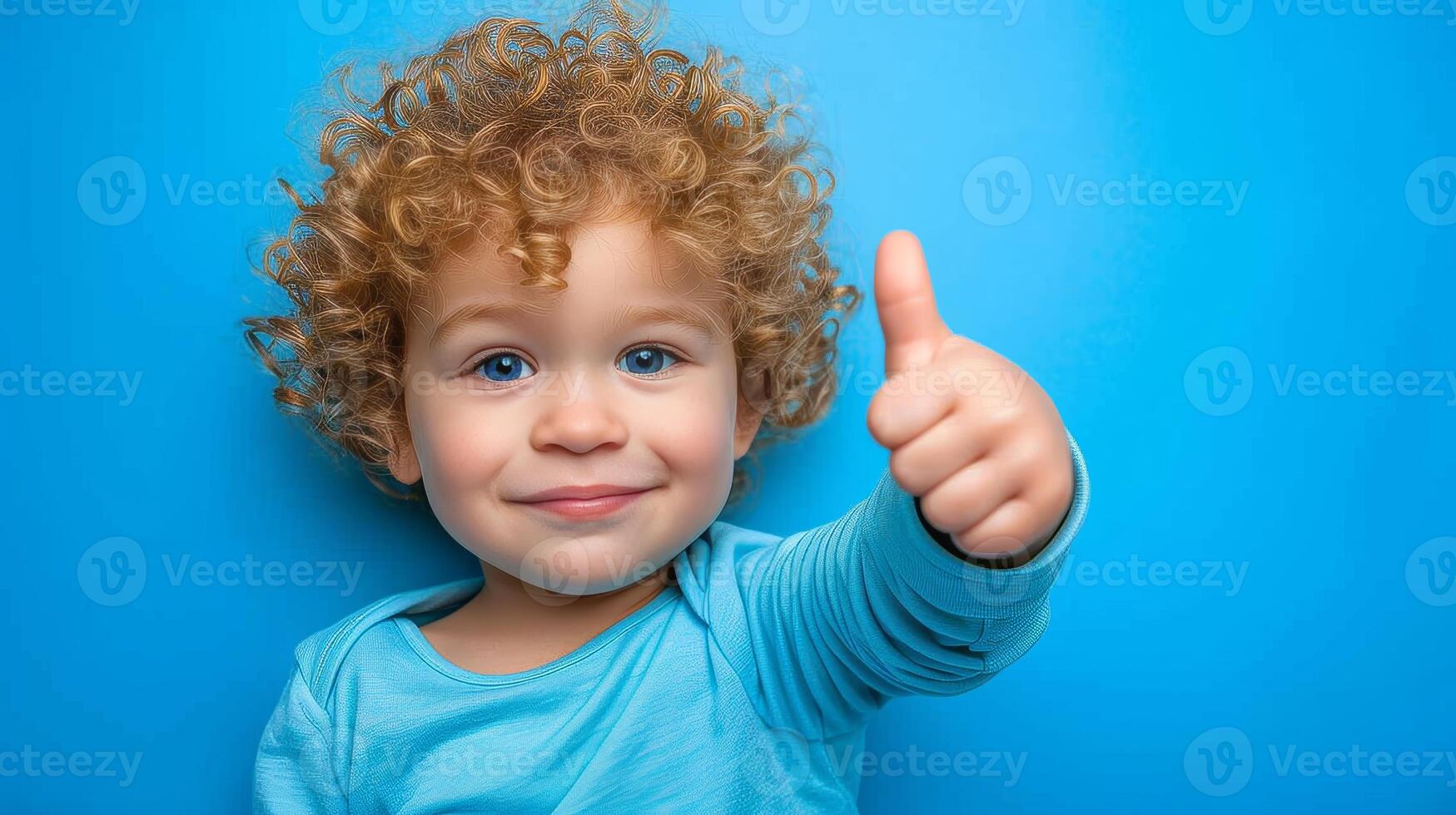 AI generated Joyful toddler giving a thumbs up on pastel background with space for text placement photo