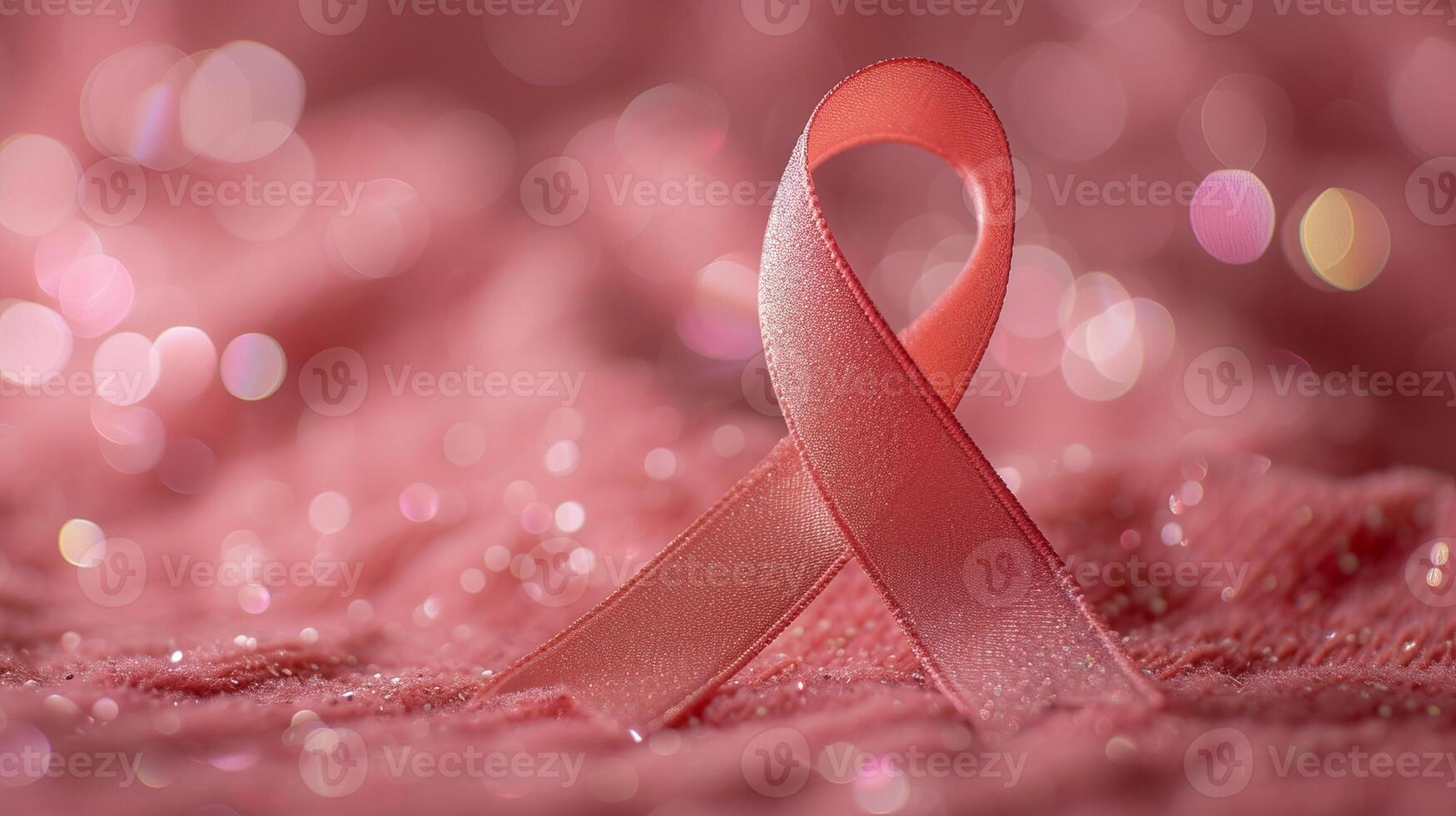 AI generated Breast cancer awareness pink ribbon symbol on blurred pink background with sparkles and copy space photo