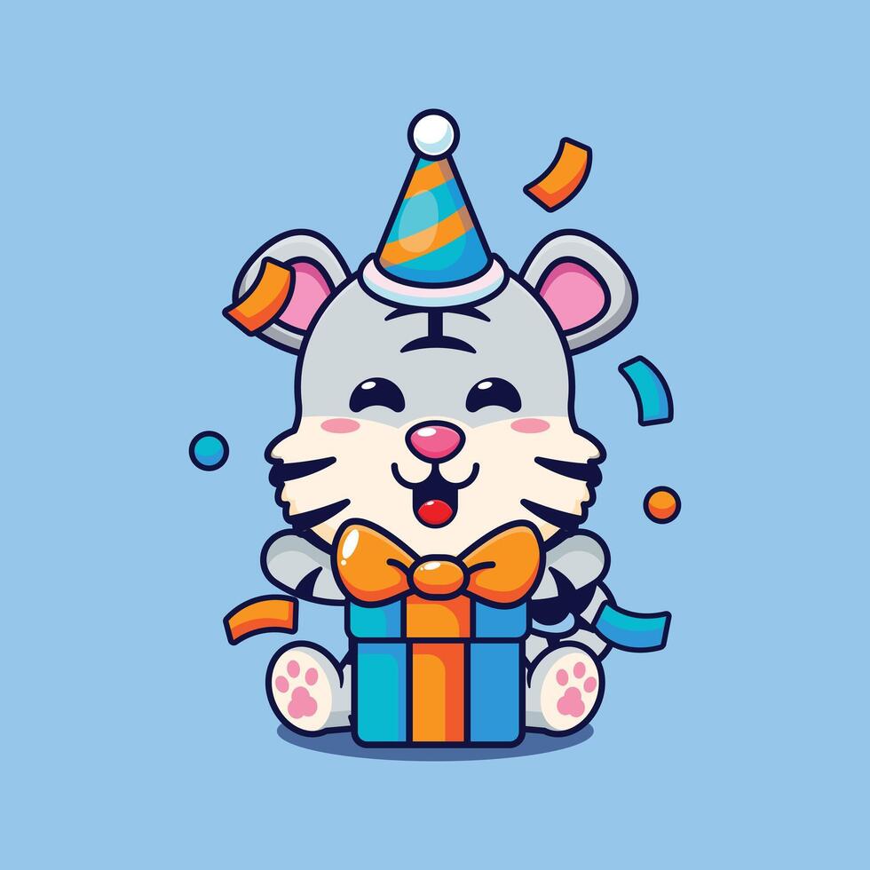 white tiger in birthday party cartoon vector illustration.