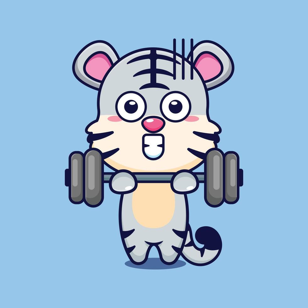 white tiger lifting barbell cartoon vector illustration.