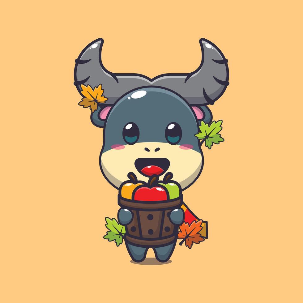 Cute buffalo holding a apple in wood bucket. vector