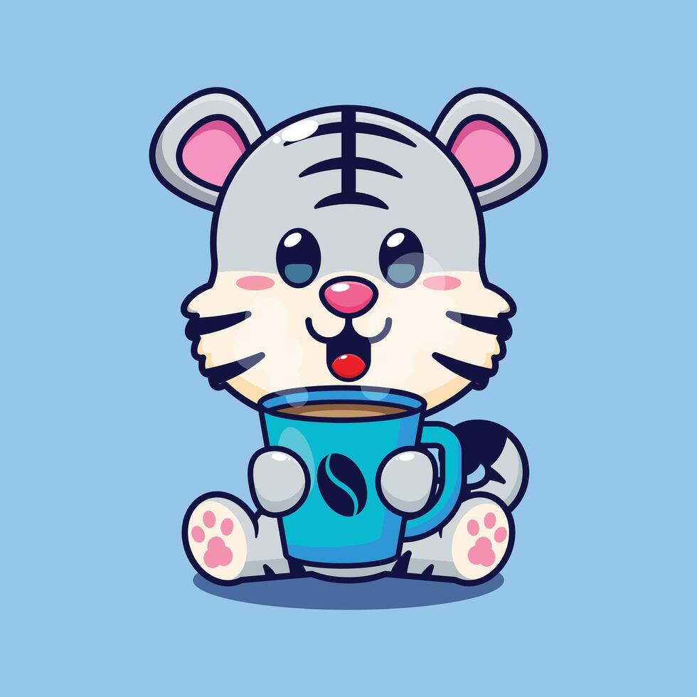 blanco Tigre con caliente café dibujos animados vector ilustración.