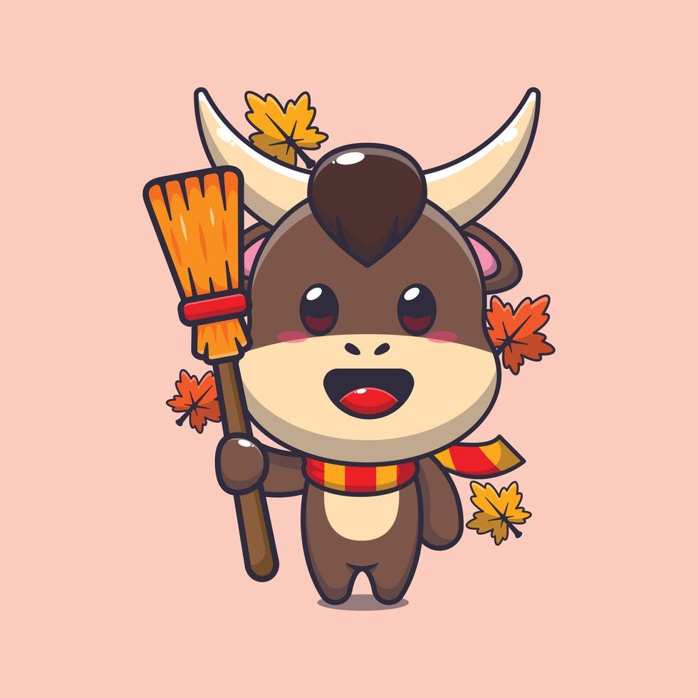Cute autumn bull holding broom. vector