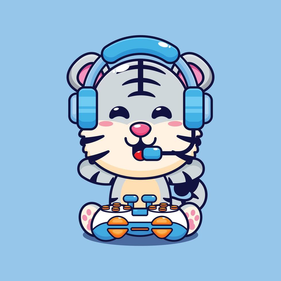 blanco Tigre jugar un juego dibujos animados vector ilustración.