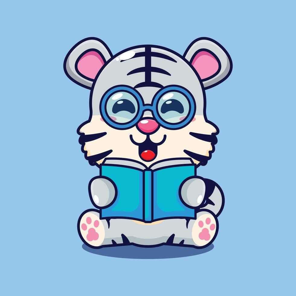 blanco Tigre leyendo un libro dibujos animados vector ilustración.