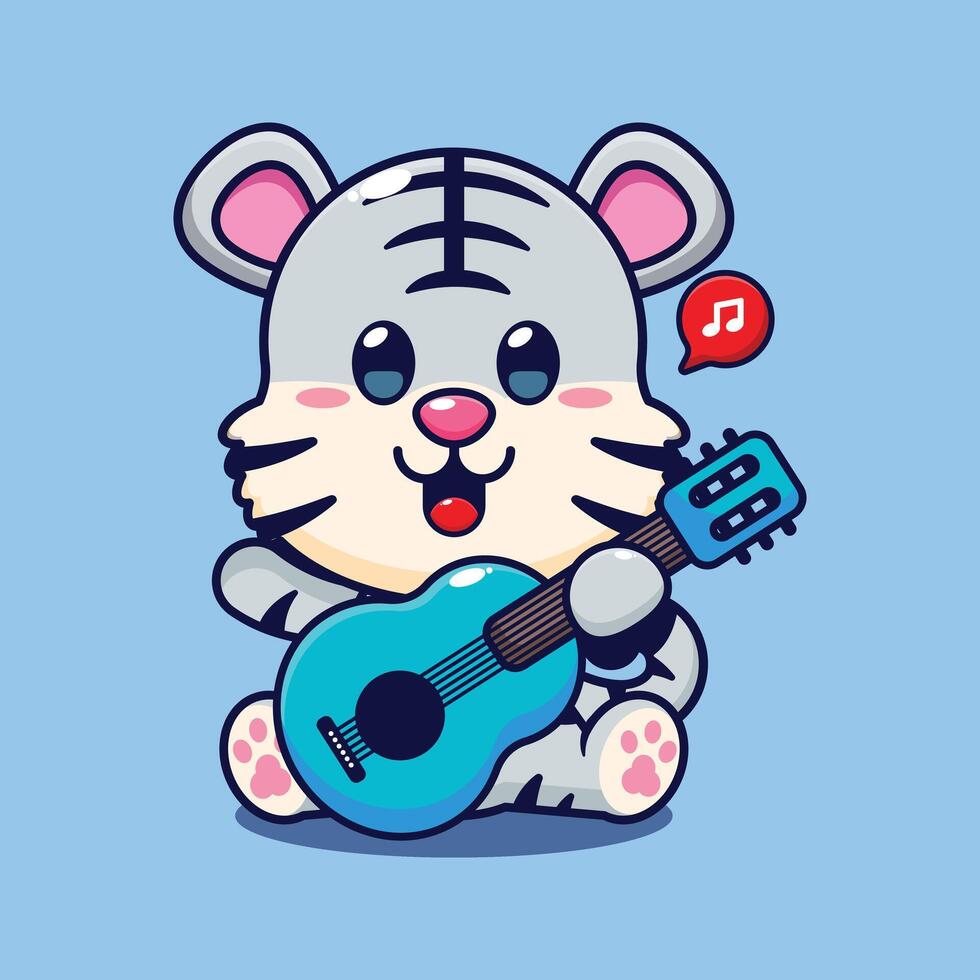 blanco Tigre jugando guitarra dibujos animados vector ilustración.