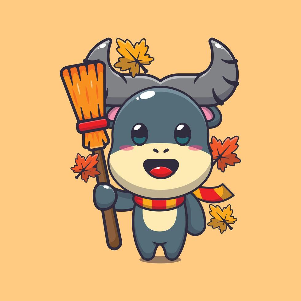 Cute autumn buffalo holding broom. vector