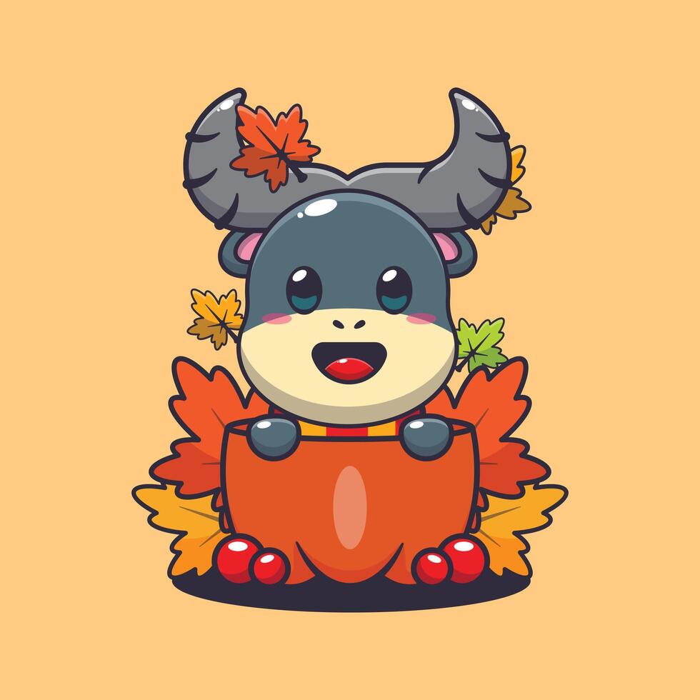 Cute buffalo in a pumpkin at autumn season. vector