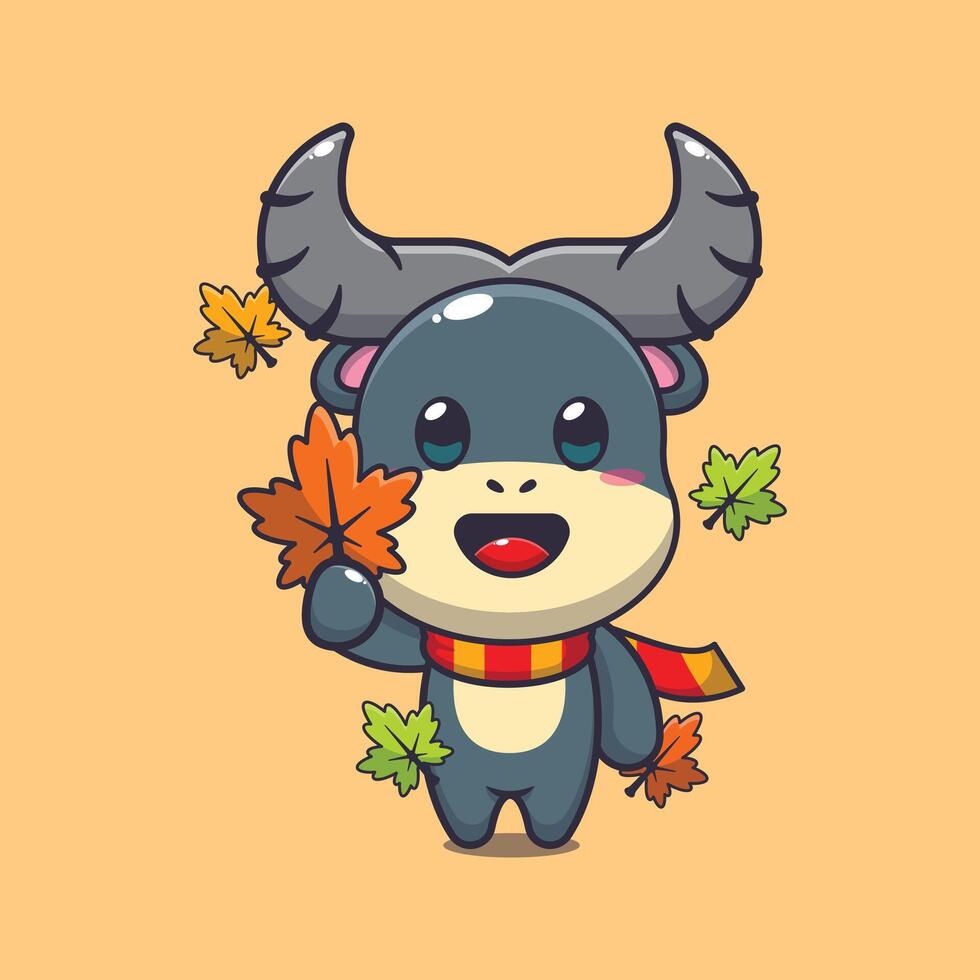 Cute buffalo holding autumn leaf. vector