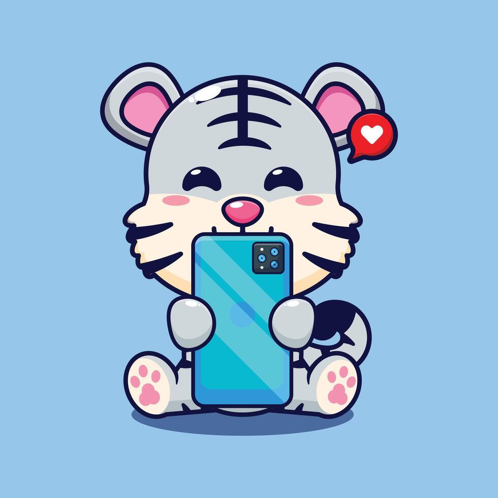 blanco Tigre con teléfono dibujos animados vector ilustración.