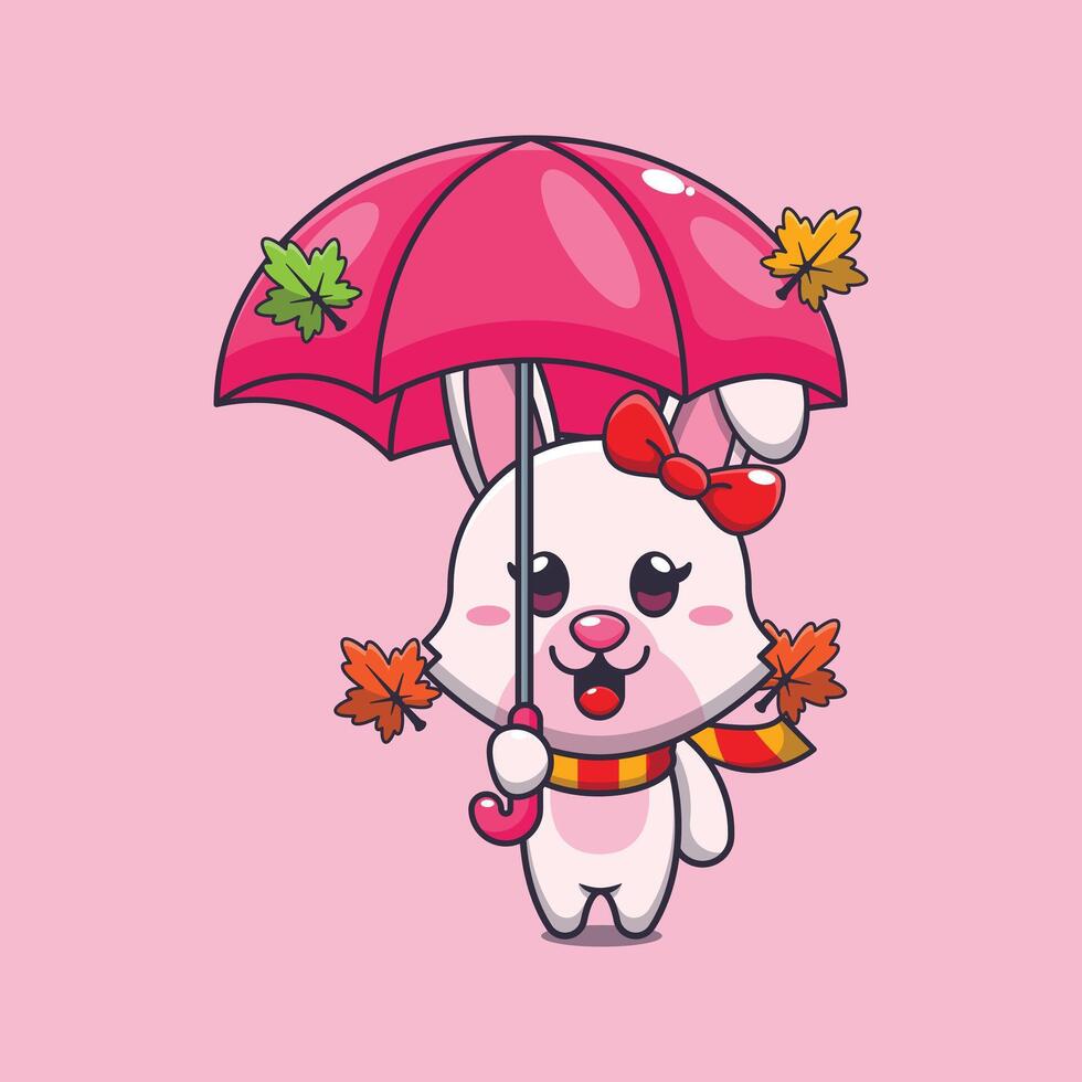 Cute bunny with umbrella in autumn season. vector