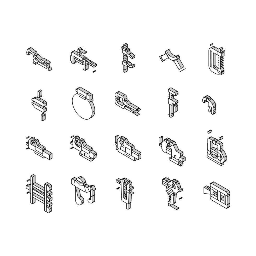 abrazadera vicio apretón herramienta metal isométrica íconos conjunto vector