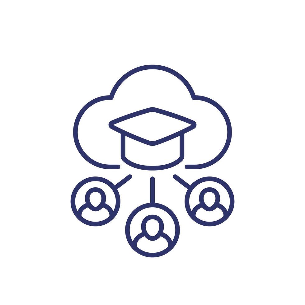 online education, e-learning icon with students, line vector
