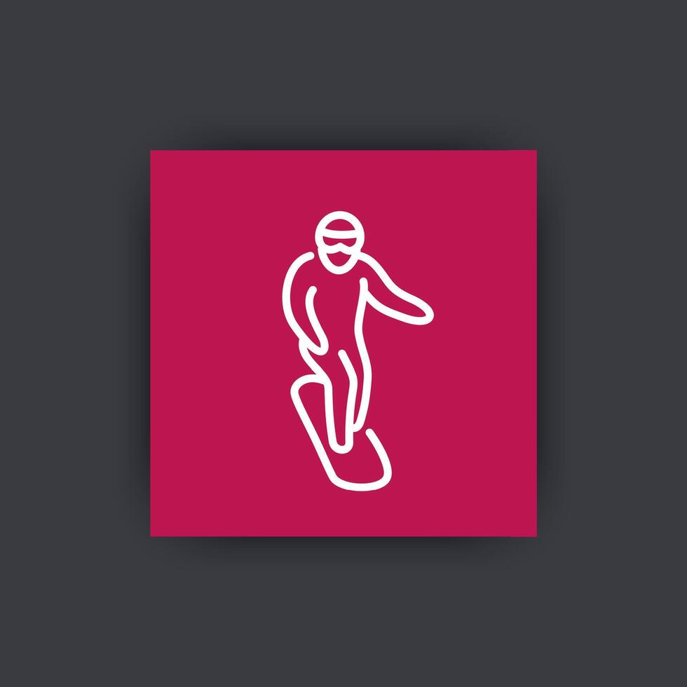 snowboarding icon, man on snowboard sign, square line icon, vector illustration