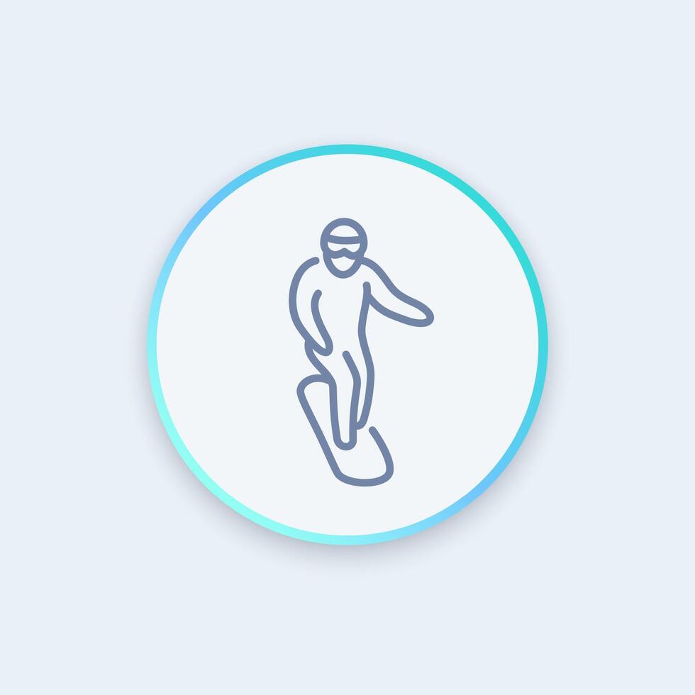 snowboarding line icon, man on snowboard linear pictogram, round stylish icon, vector illustration