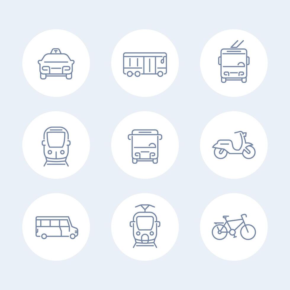 City transport line icons, tram, train, bus, bike, taxi, trolleybus vector icons isolated on white, vector illustration