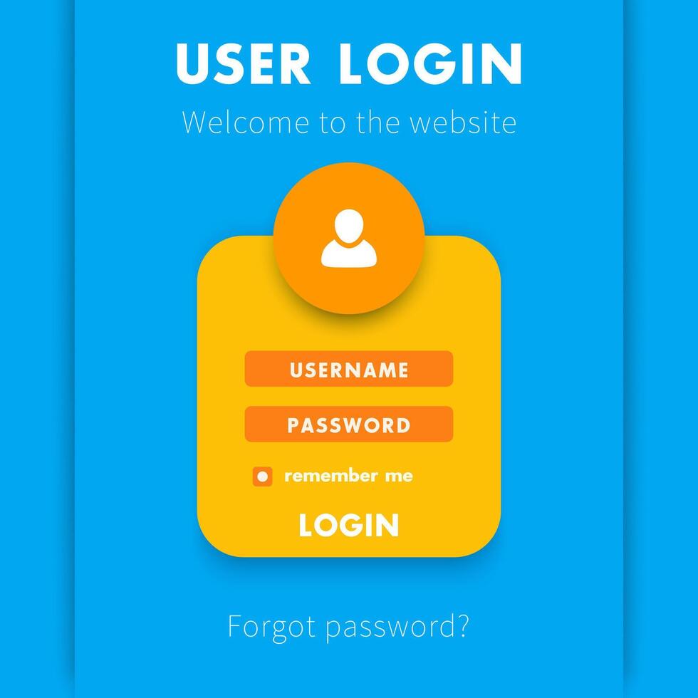 User Login window concept, login page for website in yellow and blue, vector illustration