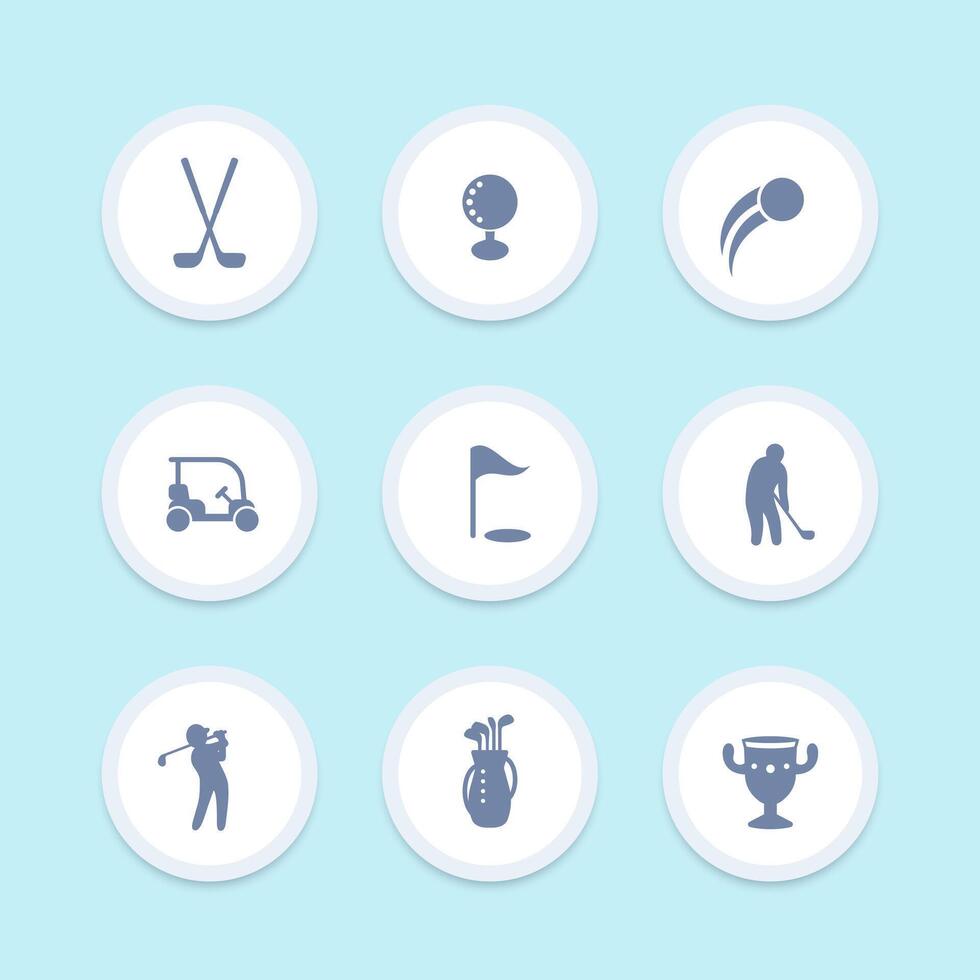 golf iconos, golf clubs, golf jugador, golfista, golf bolso redondo iconos, vector ilustración