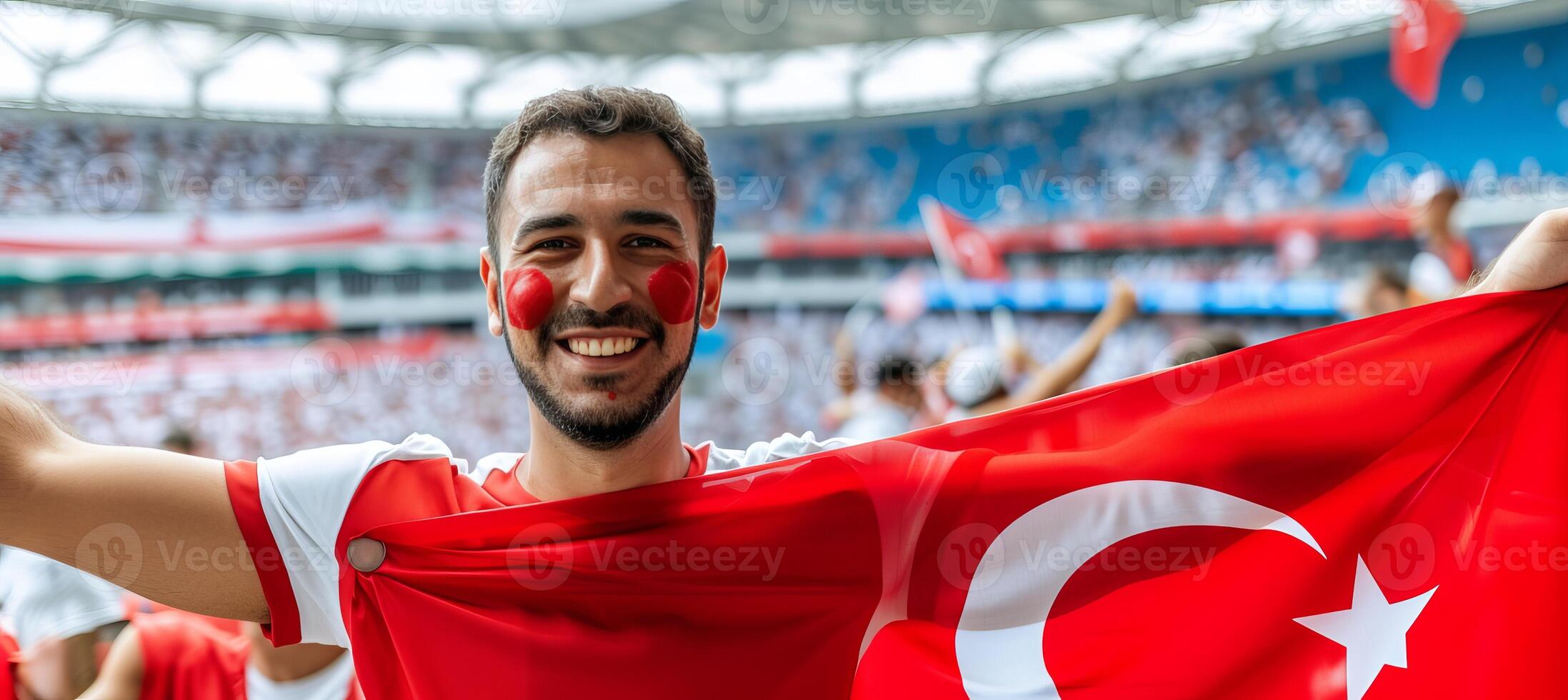 AI generated Turkey flag face painted football fan cheering with blurry stadium background and text space. photo