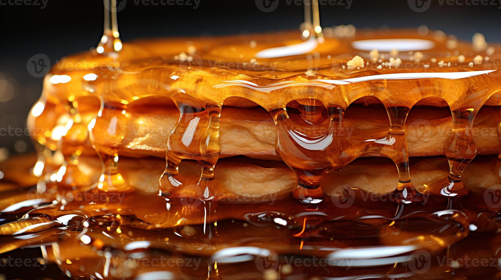 AI generated Close up stack of golden pancakes drizzled with maple syrup in warm lighting photo