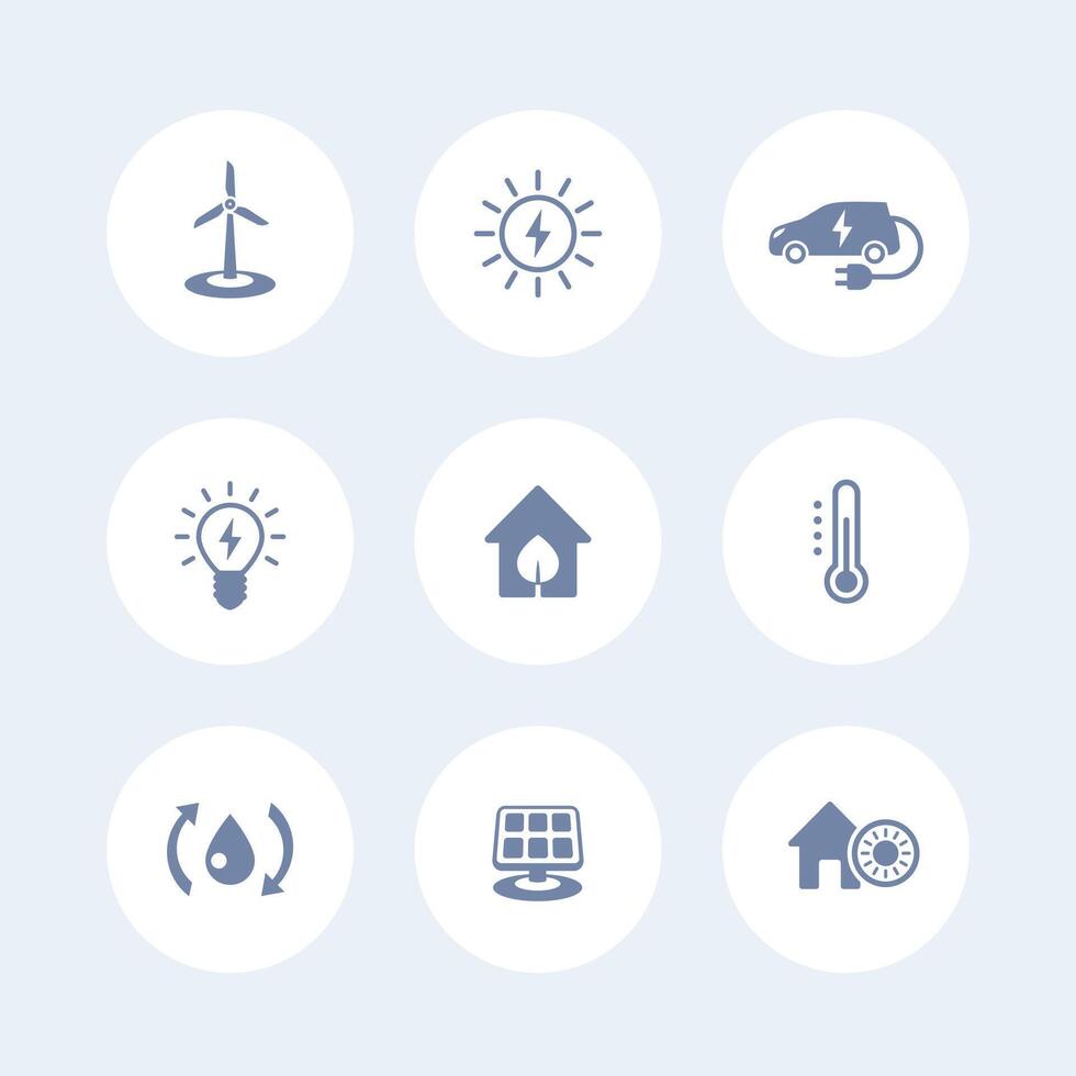 Green ecologic house, energy saving technologies, icons isolated on white, vector illustration
