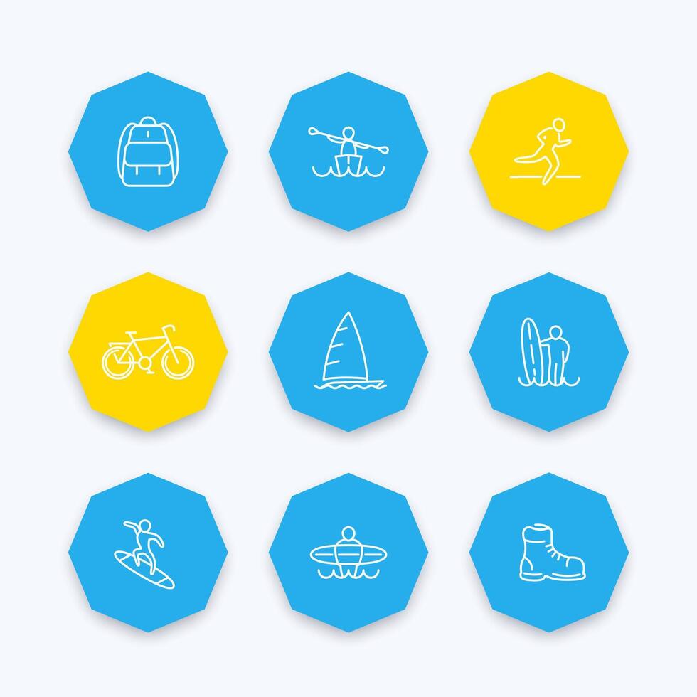 Travel, adventure, surfing, kayaking trip line icons on octagon shapes, vector illustration