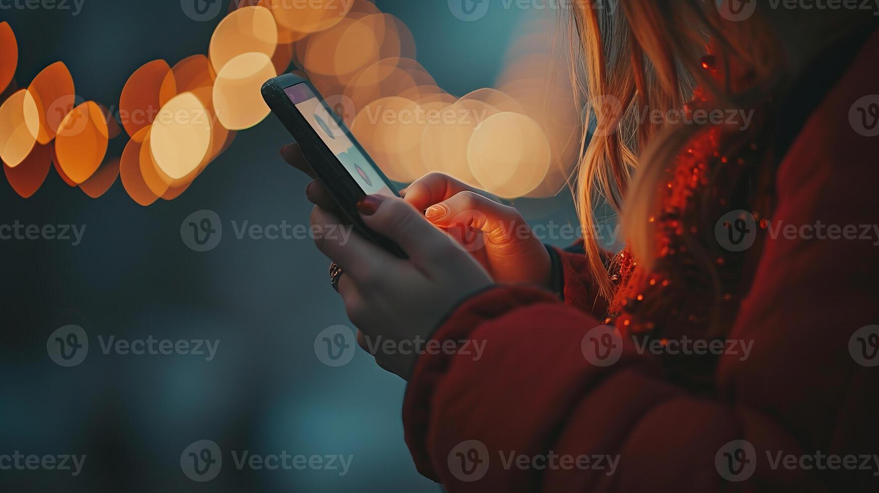AI generated Woman using mobile app on city street at night with blurred background and text space photo