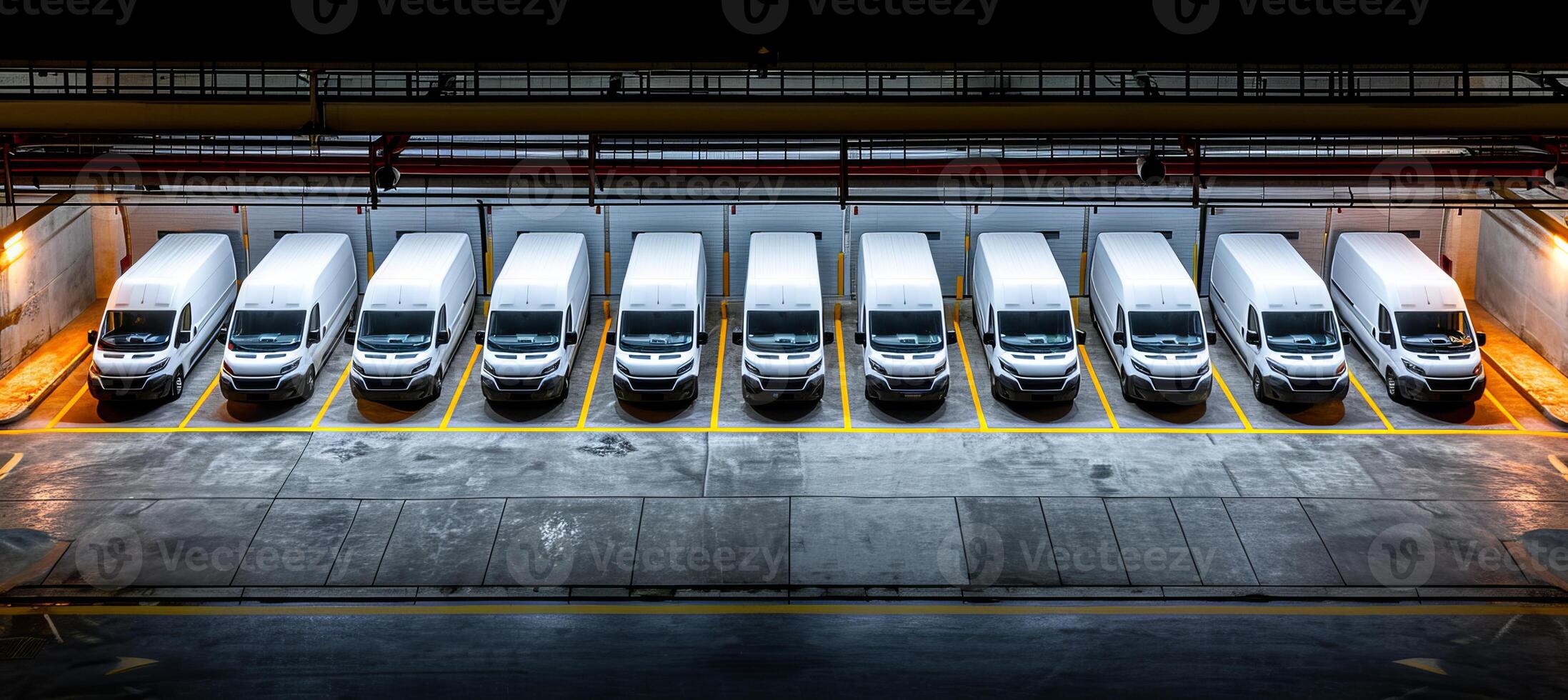AI generated A row of white delivery vans parked in a spacious and well lit parking lot on a sunny day photo