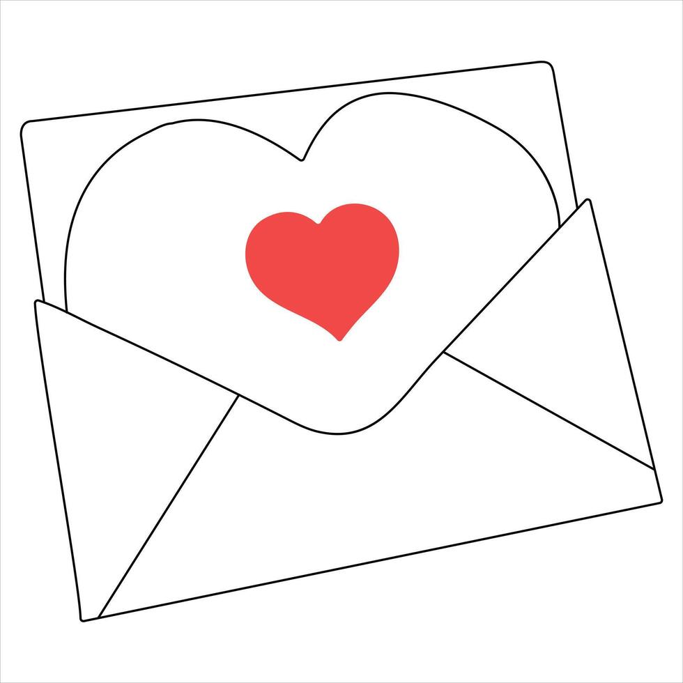 Single line continuous drawing of envelope with red heart and love letter.Template for invitations and love cards outline vector illustration