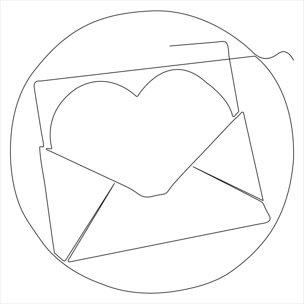 Single line continuous drawing of envelope with red heart and love letter.Template for invitations and love cards outline vector illustration