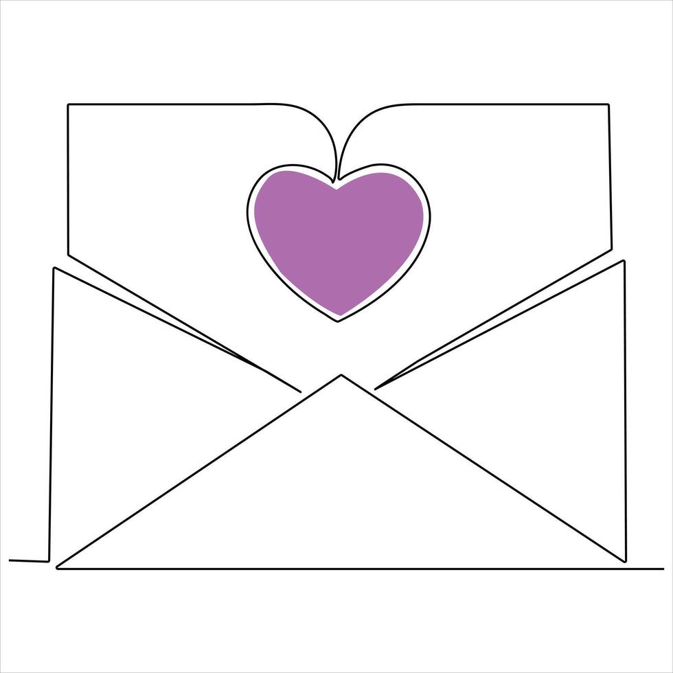 Single line continuous drawing of envelope with red heart and love letter.Template for invitations and love cards outline vector illustration