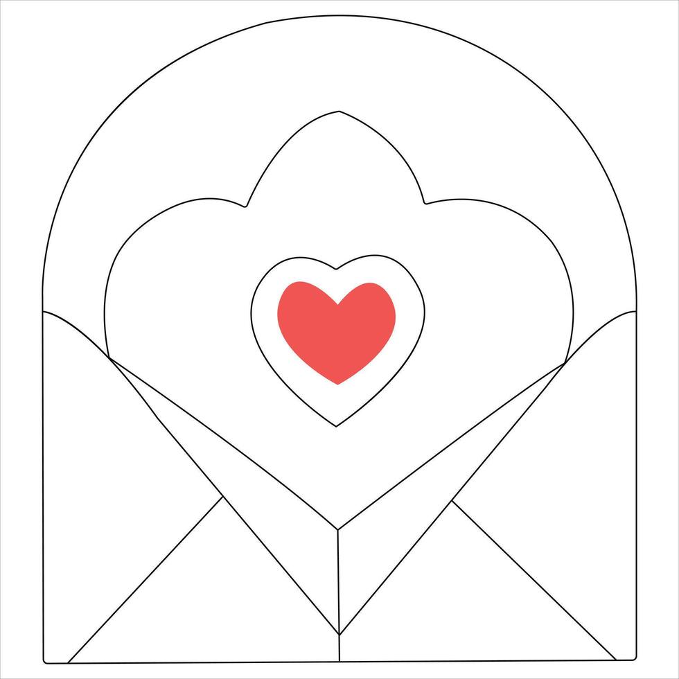 Single line continuous drawing of envelope with red heart and love letter.Template for invitations and love cards outline vector illustration