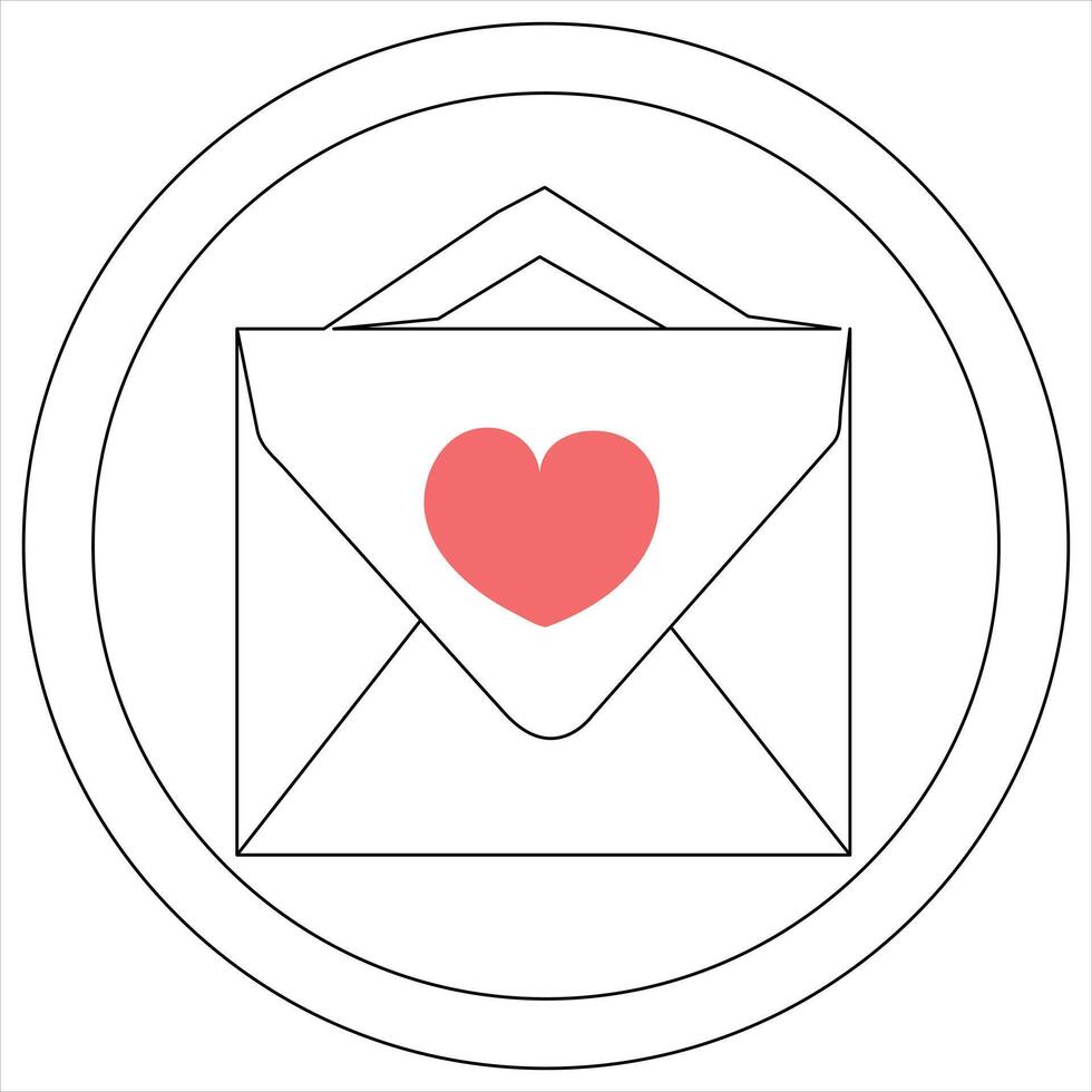 Single line continuous drawing of envelope with red heart and love letter.Template for invitations and love cards outline vector illustration