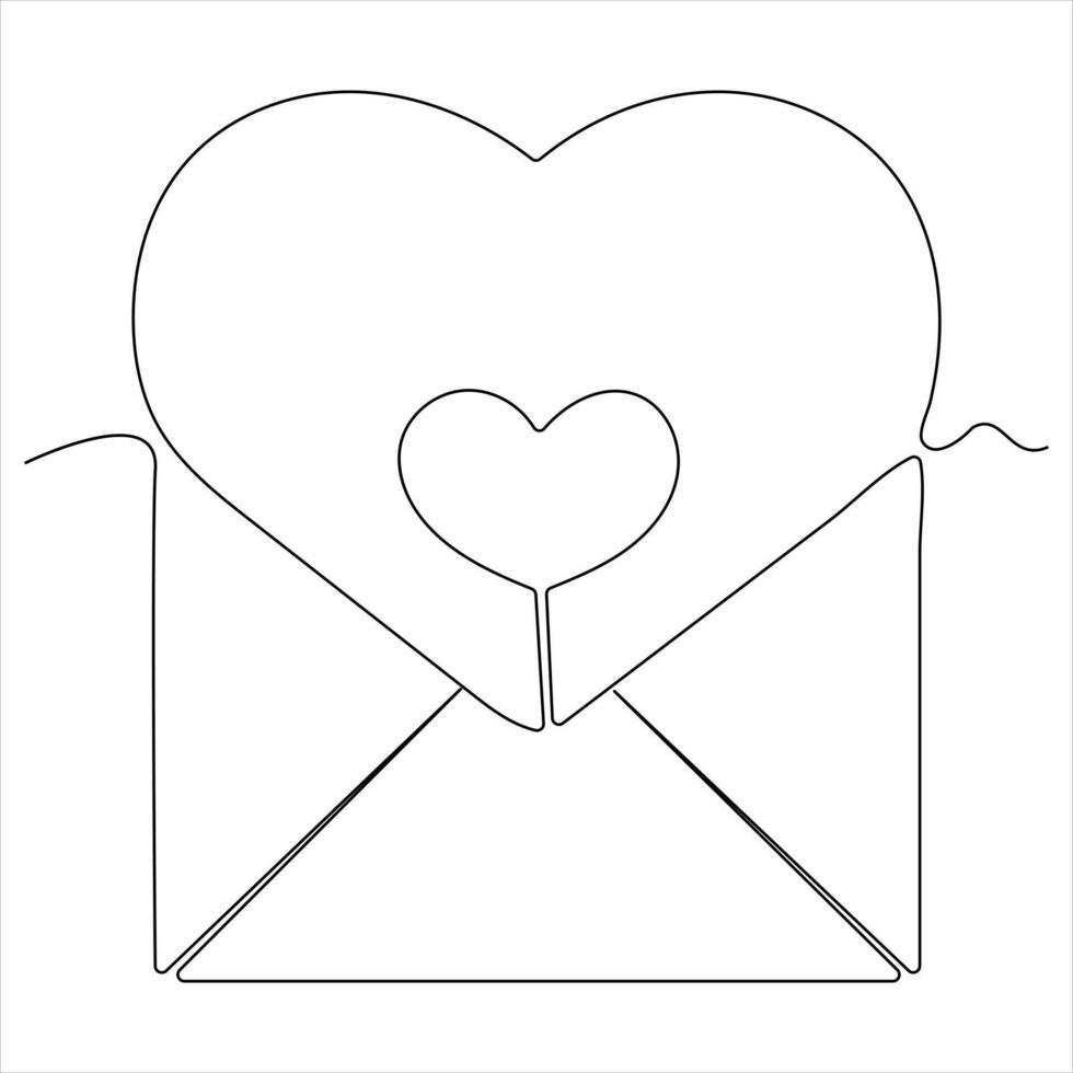 Single line continuous drawing of envelope with red heart and love letter.Template for invitations and love cards outline vector illustration