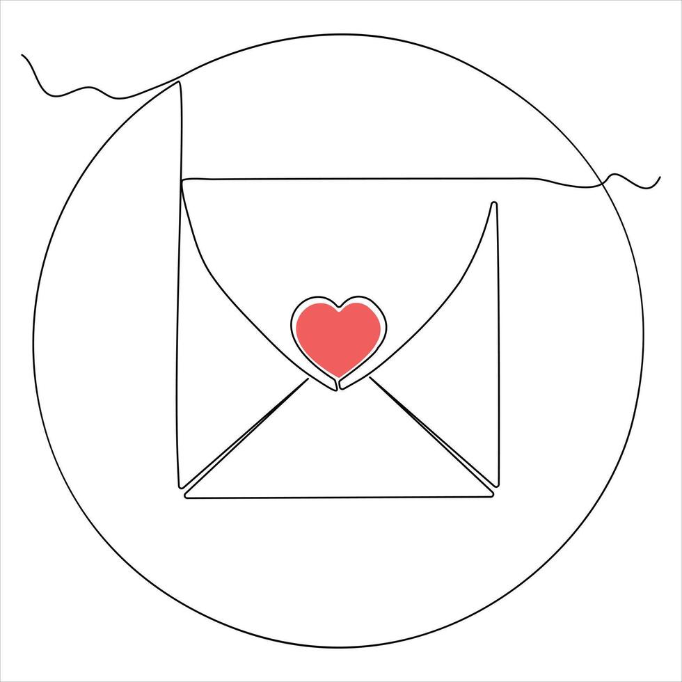 Single line continuous drawing of envelope with red heart and love letter.Template for invitations and love cards outline vector illustration