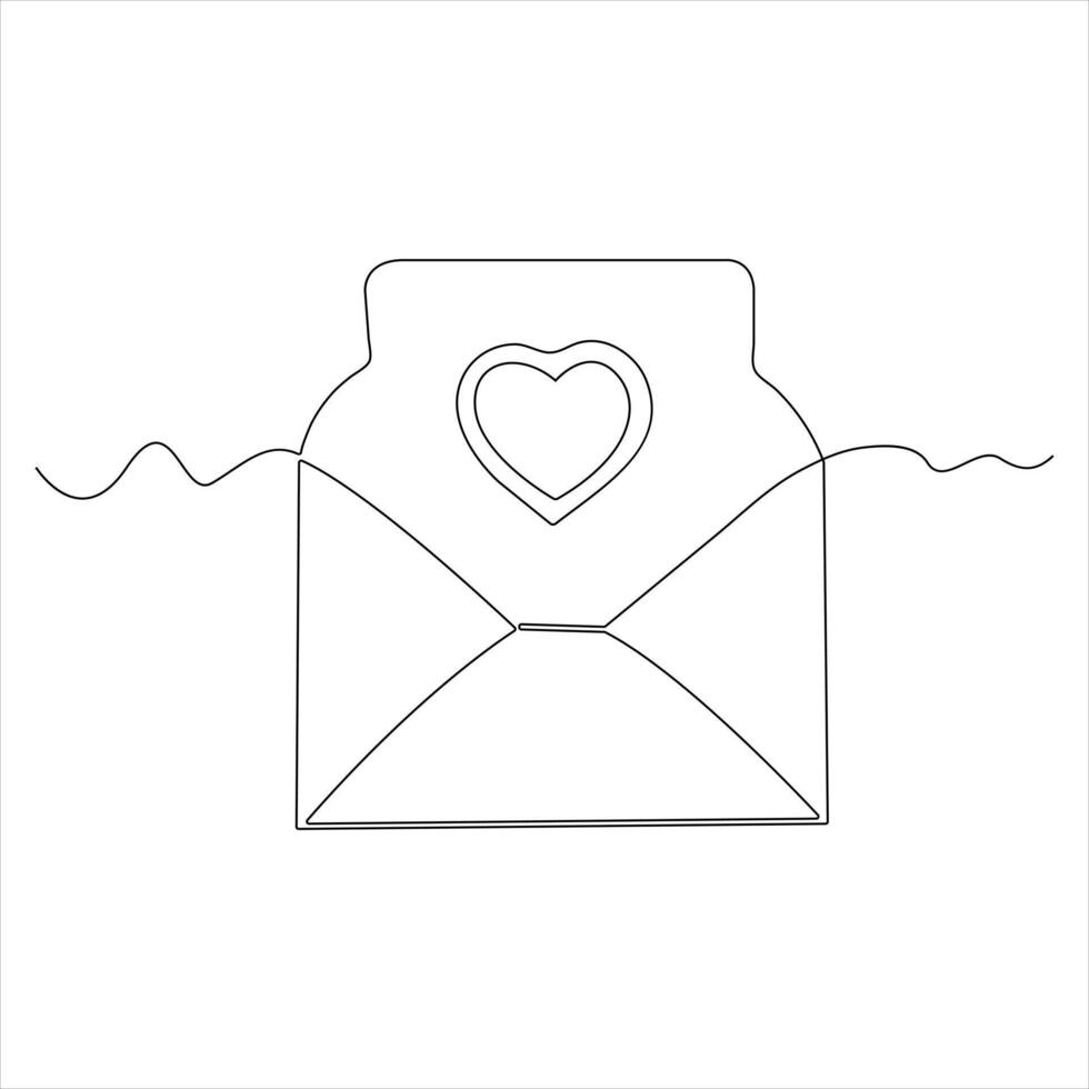 Single line continuous drawing of envelope with red heart and love letter.Template for invitations and love cards outline vector illustration