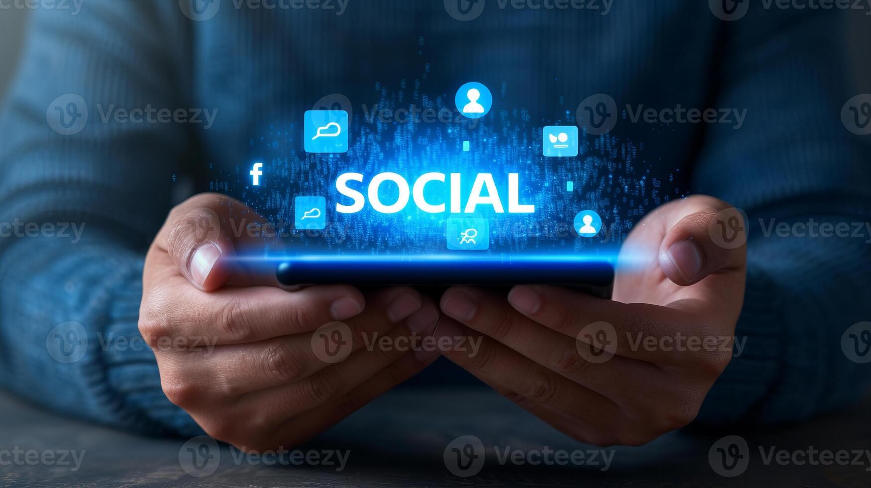 AI generated Vibrant holographic social text icon above mobile phone, creating futuristic visual effect photo