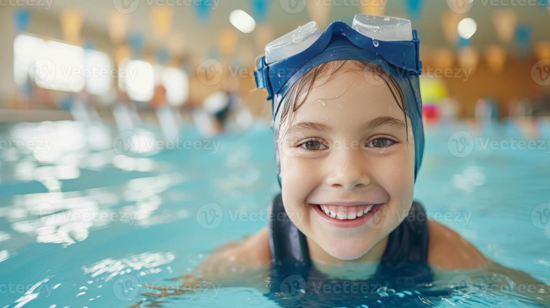 ai generado cerca arriba de un determinado joven niña nadador con confianza deslizamiento en un brillantemente iluminado piscina foto