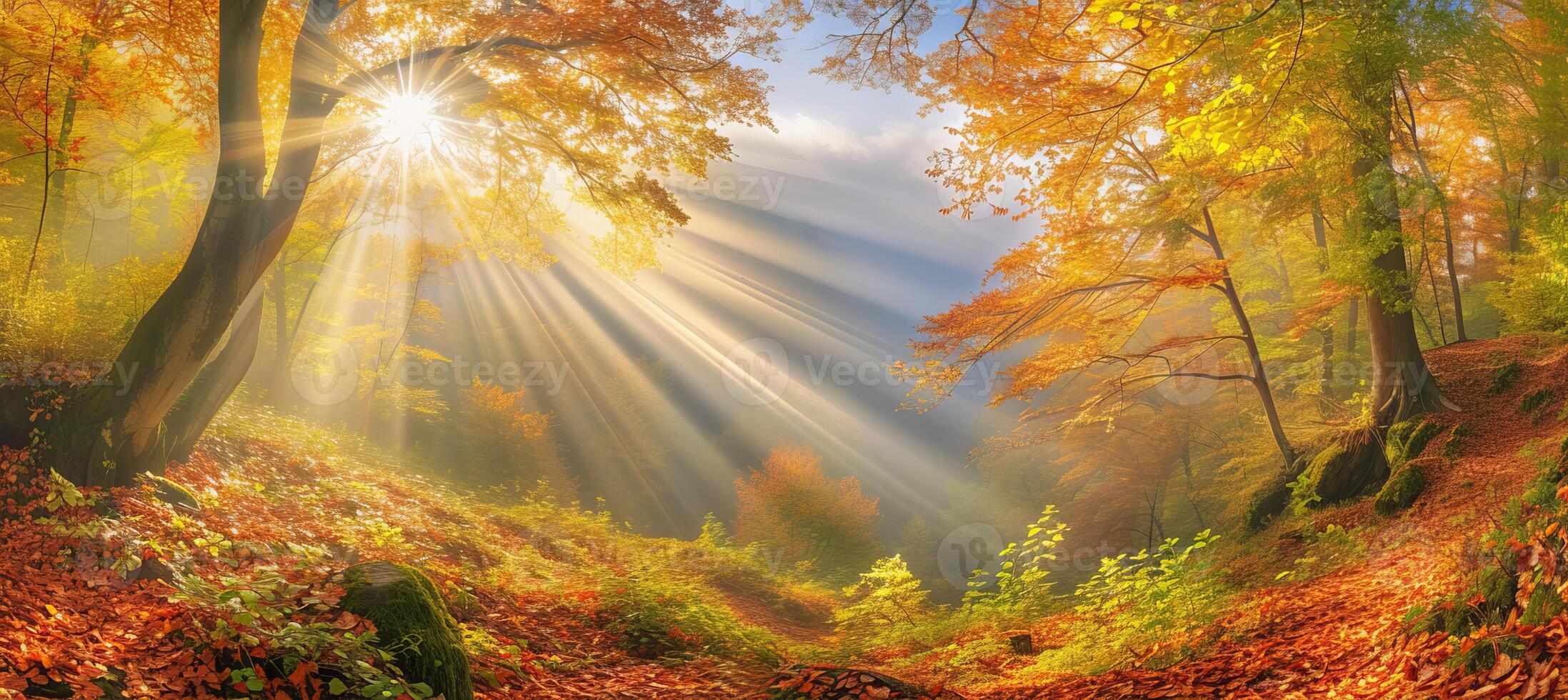 AI generated Enchanting silent forest in autumn with beautiful bright sun rays as magical forest background photo