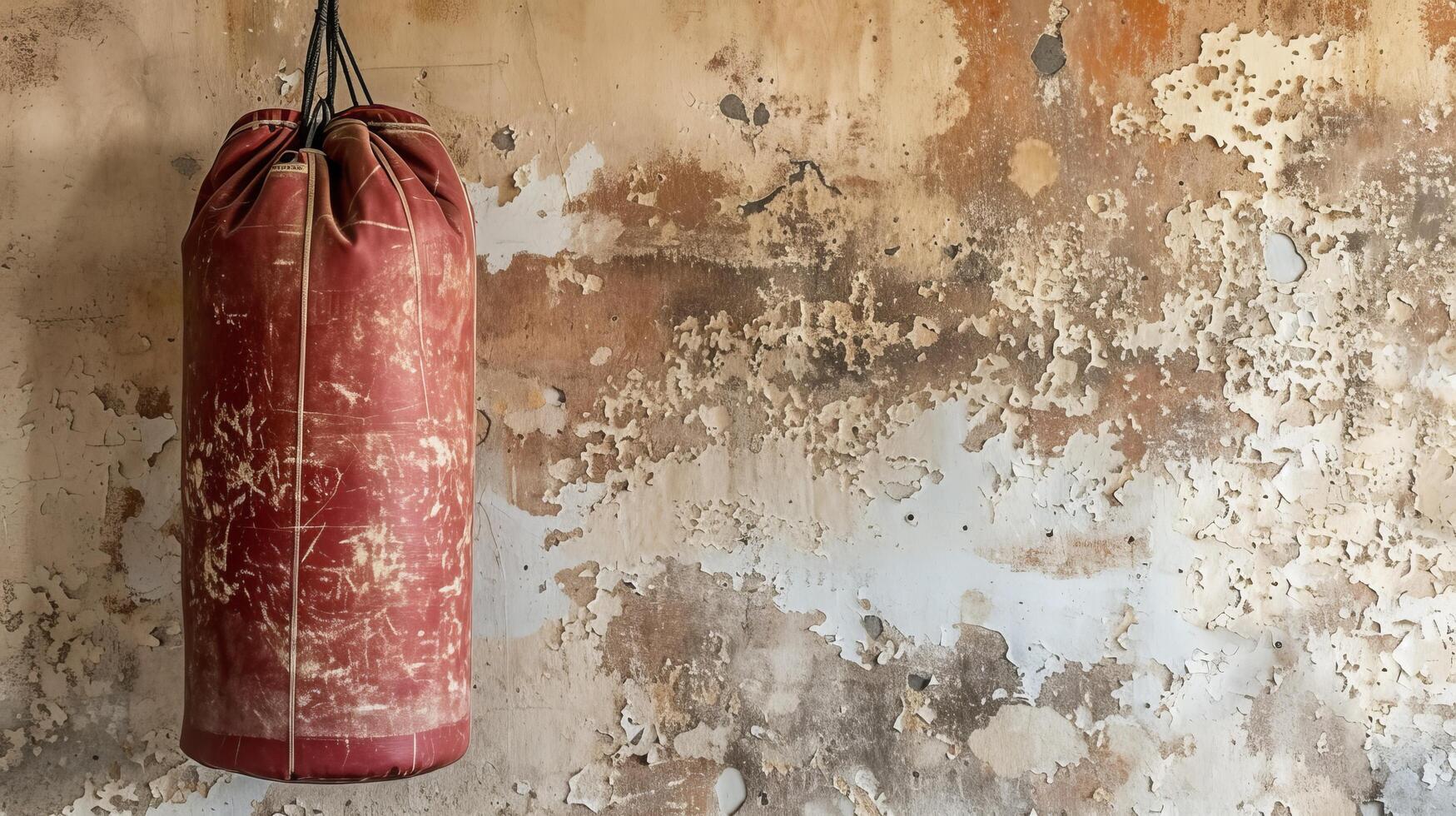 AI generated Red punching bag hanging in a gym with copy space on the wall for text or advertisement placement photo