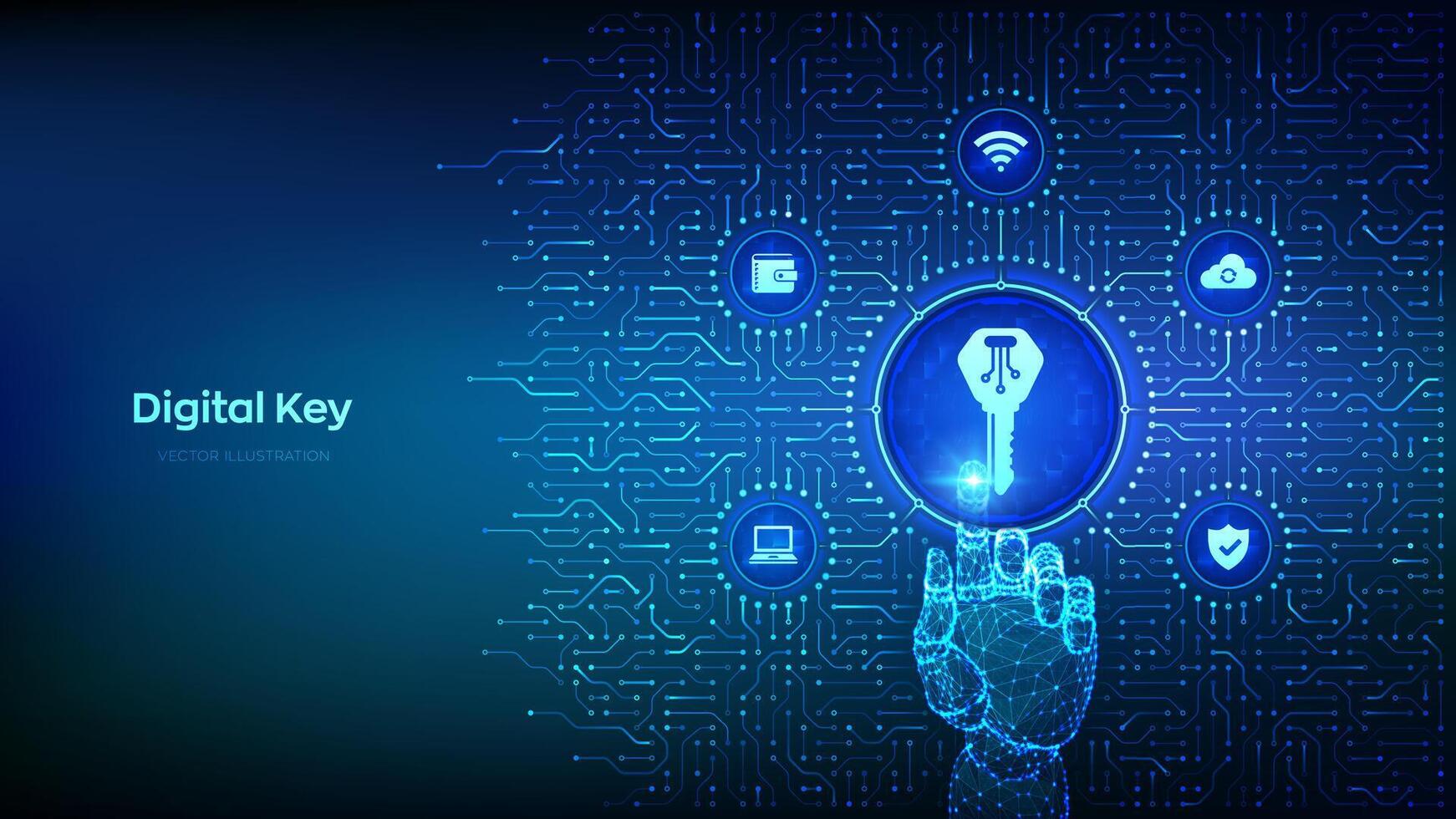 Digital key. Electronic key. Personal Data protection. Cyber security and access concept. Background with circuit board connections and tech icons. Wireframe hand pressing button. Vector Illustration.