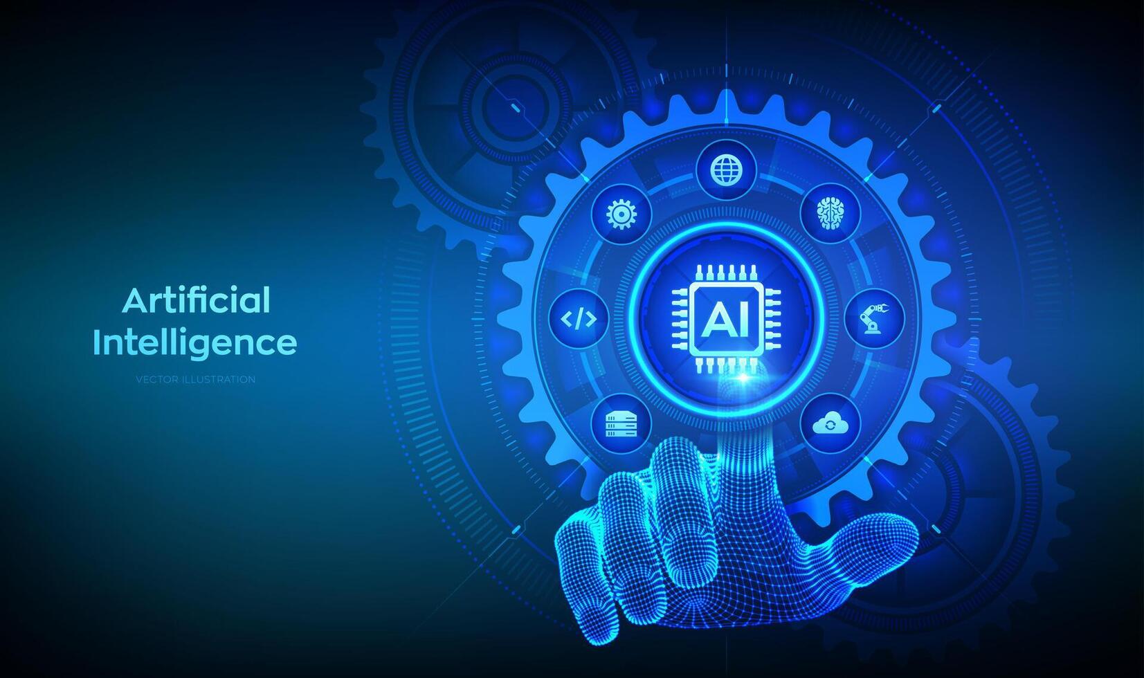 AI. Artificial intelligence. Machine learning concept. Big data analysis. Neural networks. Wireframe hand touching digital interface with connected gears cogs and icons. Vector illustration.