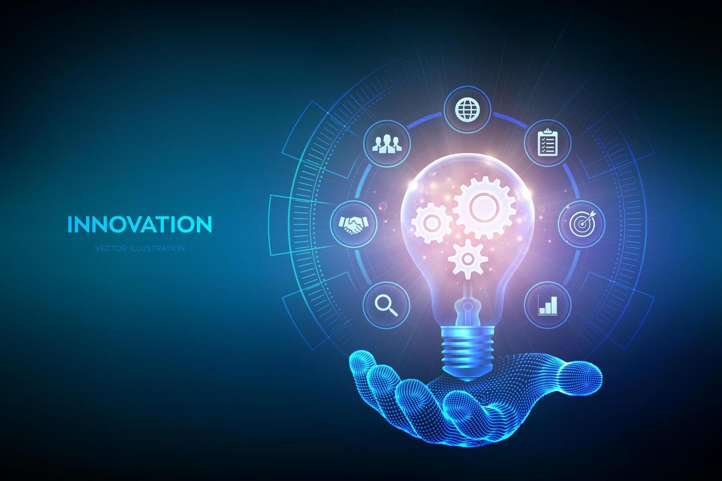 Innovation. Business innovative idea and solution concept. Creative Idea, inspiration. Brainstorming. Creativity. Light bulb with gears cogs inside in hand. Creative Thinking. Vector illustration.