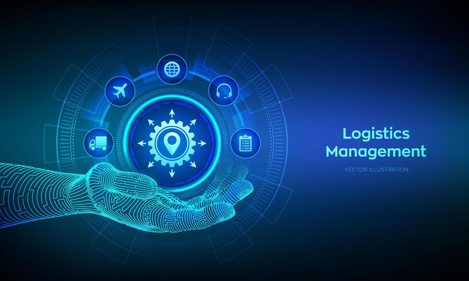 Logistics management concept. Logistic icon in wireframe hand. Smart logistics and transportation. Logistic global network distribution. Business of transport industrial. Vector illustration.