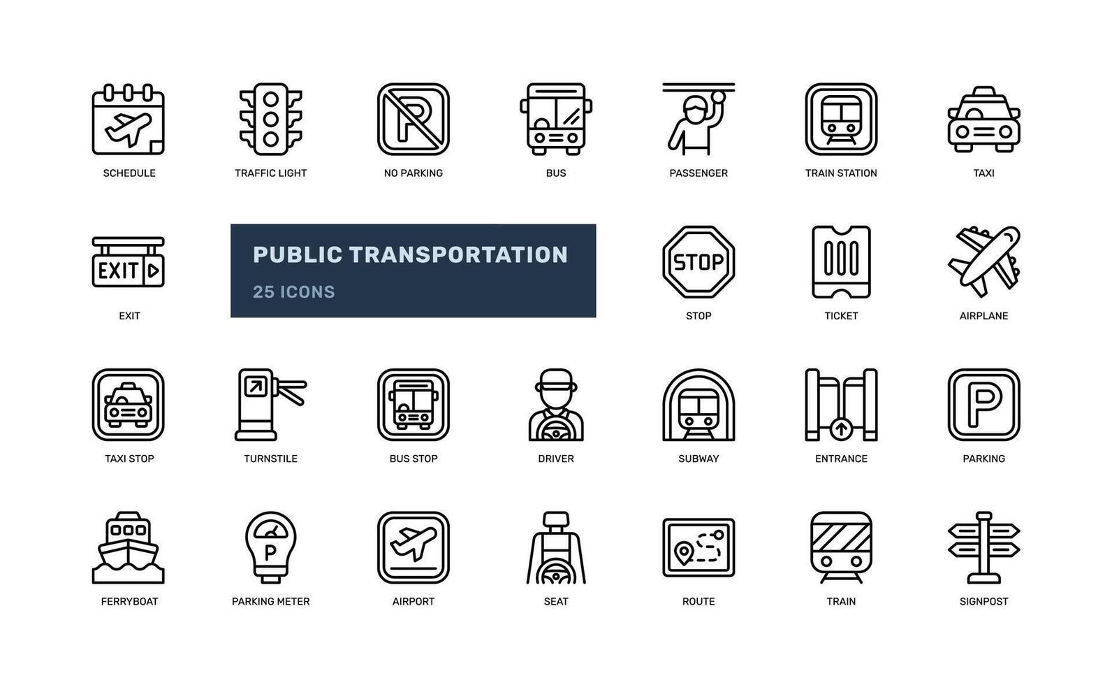 public transportation mass transport for passenger and road sign detailed outline line icon set vector