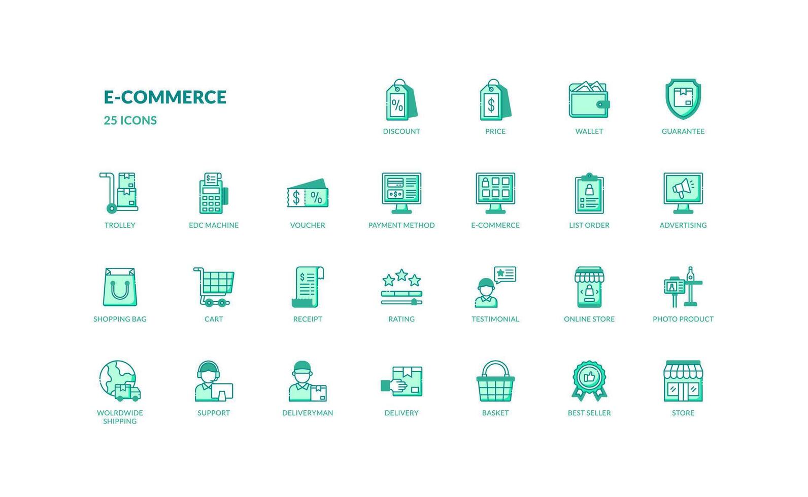 E commerce online shopping shipping and delivery detailed green color filled line icon set vector